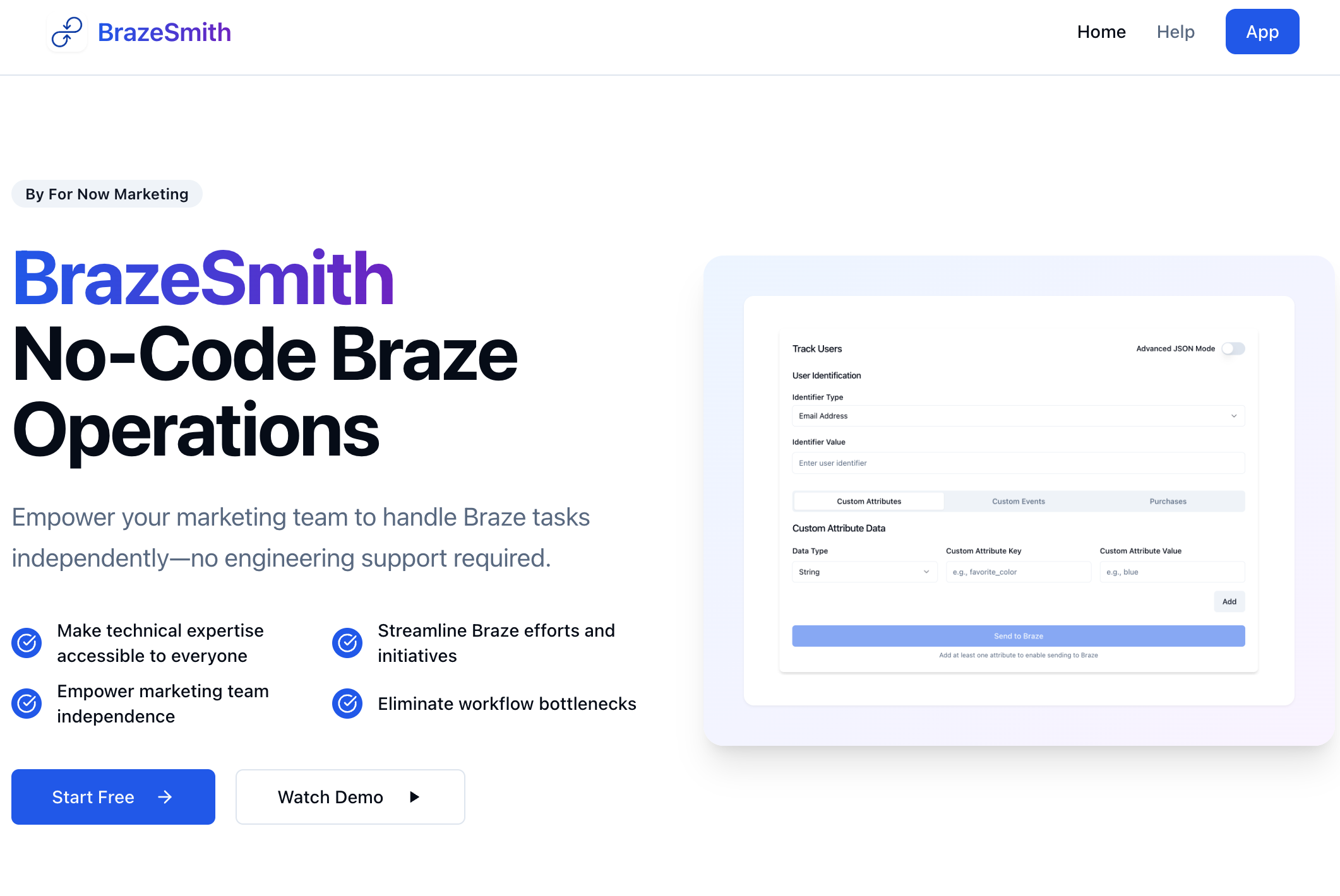 BrazeSmith interface showing no-code Braze API operations
